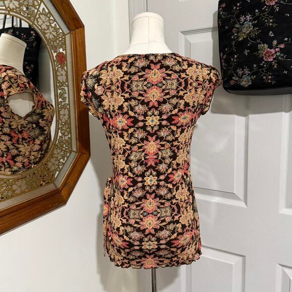 Style & Co Dark Brown & Orange Boho Floral Pattern Faux Wrap Mesh Fairy Top S - Picture 5 of 8